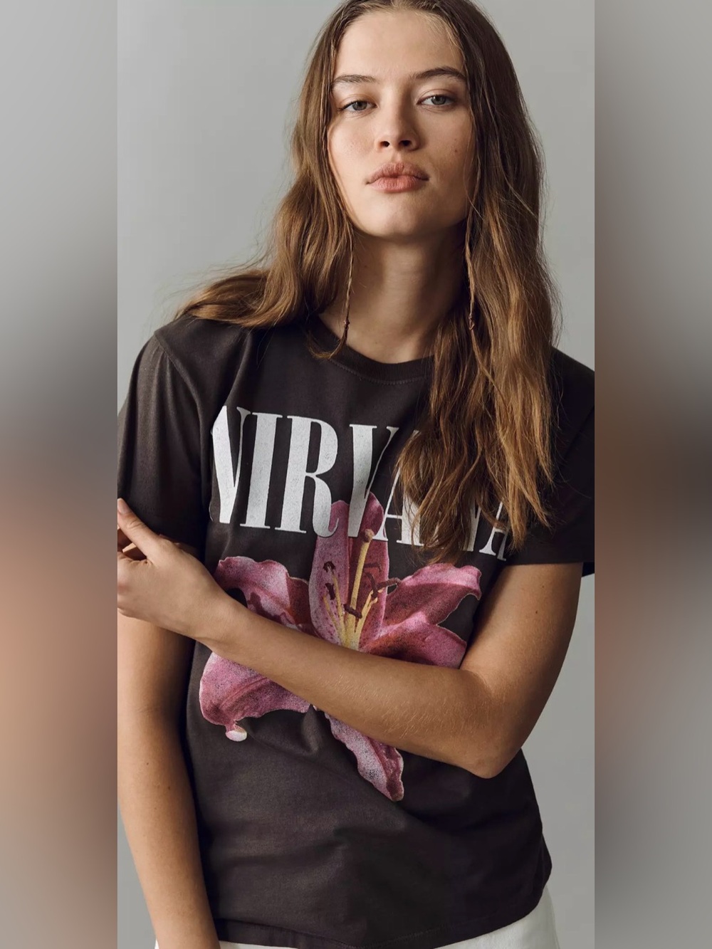 Anthropologie Letluv NIRVANA Black Graphic Tee with Pink Lily new M